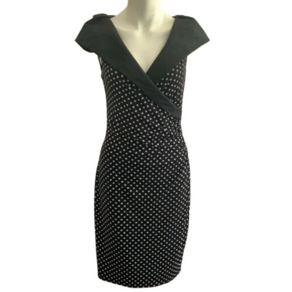 Joseph Ribkoff Black Polka-dot Dress Cap Sleeves Faux Wrap Stretch 8 - Picture 1 of 10